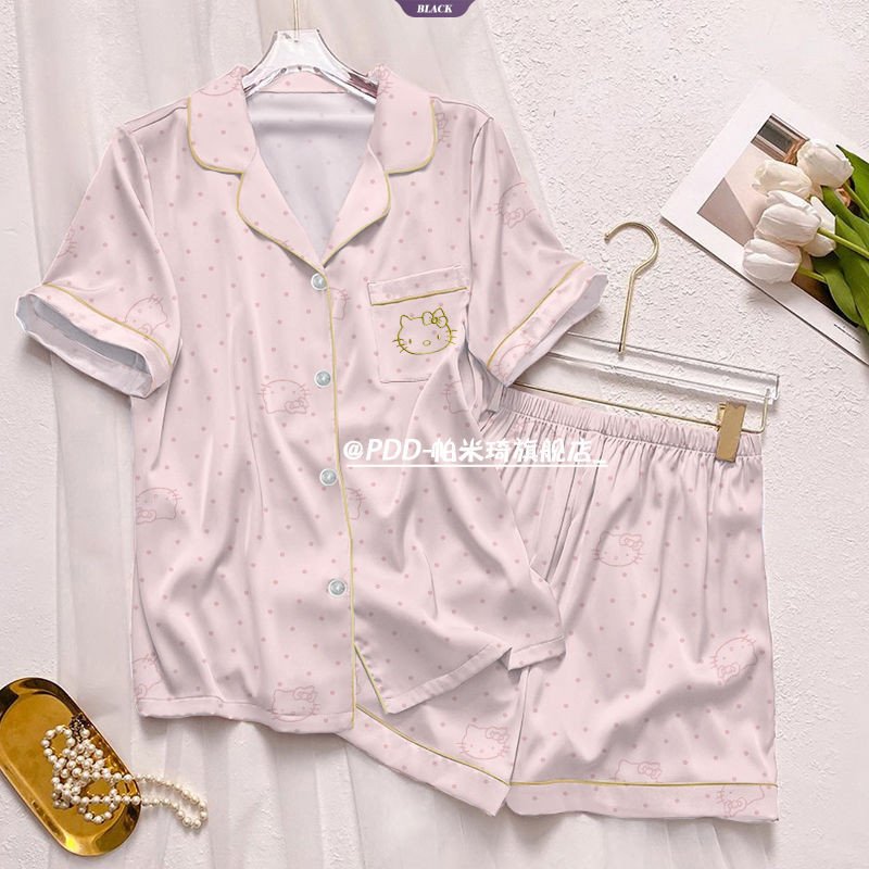 Bộ đồ ngủ Hello Kitty chấm bi mùa hè, băng lụa ngắn tay, quần short hoạt hình dành cho sinh viên nữ.