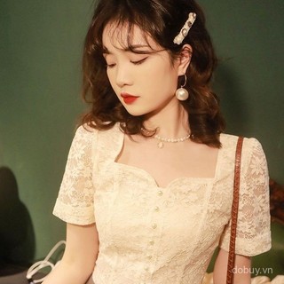 Áo thun ren phong cách retro Hepburn tay ngắn thêu họa tiết cổ tích, cổ vuông độc đáo