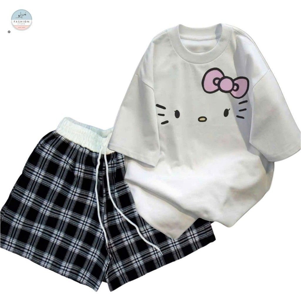 sét bộ quần đùi cộc kẻ caro cạp chun màu trắng +mix áo phông form rộng- hình MÈO ĐƠN GIẢN-QUẦN ÁO 94