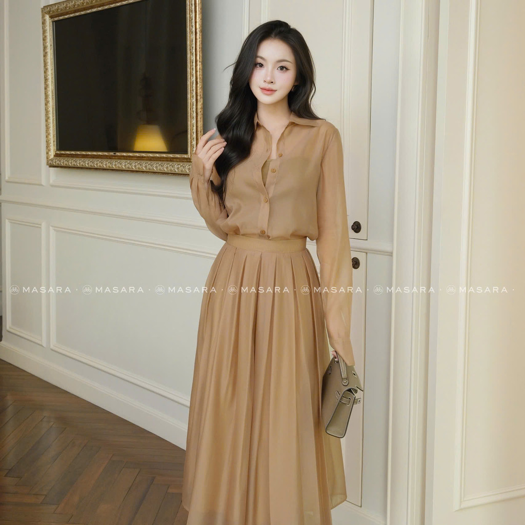 Set váy dài Masara gồm sơ mi và chân váy tằm organza nâu caramel kèm áo lót phong cách thanh lịch MS862