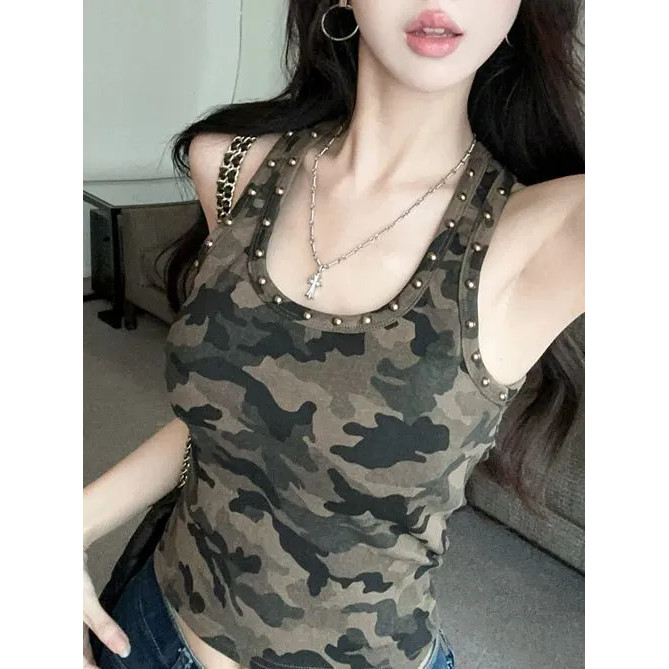 Milyfashion Mỹ Hot Girl Ngụy Trang Đinh Tán Hình Chữ I Áo Vest Có Miếng Lót Ngực Mùa Hè Gợi Cảm Ngọt Ngào Nóng Ngắn Top