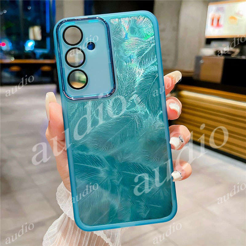 Ốp Điện Thoại Lấp Lánh Lông Vũ Laser Cho Samsung Galaxy M55 M35 M15 5G 4G 2024 Với Phim Bảo Vệ Ống Kính Máy Ảnh Trong Suốt Lông Vũ Vỏ Điện Thoại Cho SamsungM55 5G