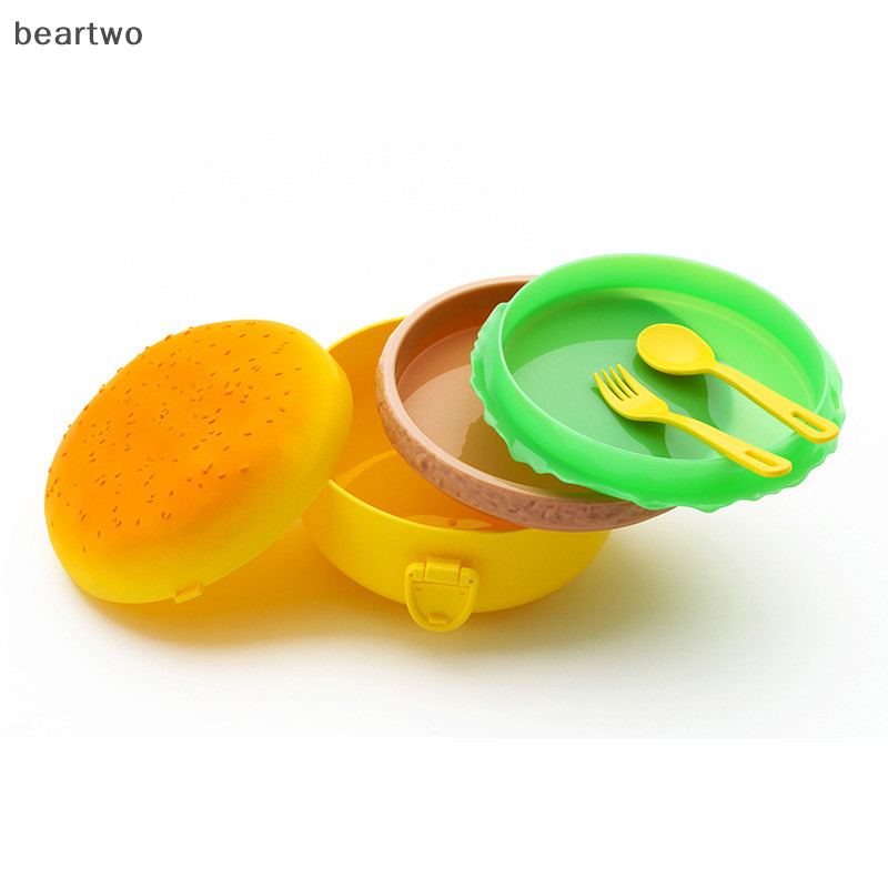 < Beartwo > Hộp Cơm Trưa Hamburger Hai Tầng Dễ Thương Burger Bento Hộp Lò Vi Sóng Trẻ Em Đi Học Hộp Đựng Thực Phẩm Nĩa Bộ Đồ Ăn Quà Tặng Đẹp