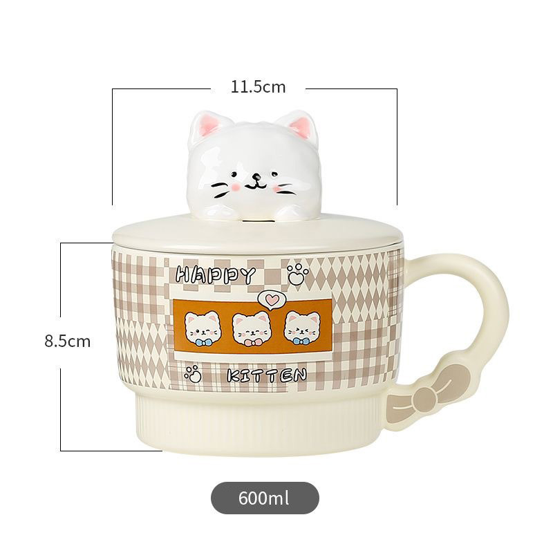 Ly Sứ Hình Chú Mèo Kitty 3D Cute Có Thìa Và Nắp Sáng Tạo - Cốc Sứ Dung Tích Lớn 650ml Làm Quà Tặng Sinh Nhật Người Yêu