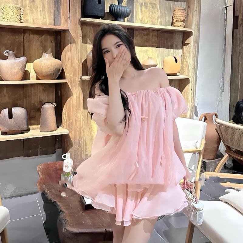 Áo Trễ Vai Tơ Xốp Bèo 2 Tầng Tay Phồng Bí Ngô