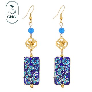 GHGl Hàng Sẵn Có Thiết Kế Ban Đầu Mới Trung Quốc Bông Tai Cloisonne Nữ Retro Men Hoa Vuông Đĩa Bông Tai Phong Cách Trung Quốc Bông Tai Sườn Xám
