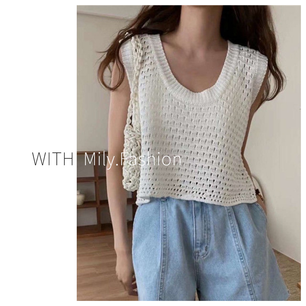 Milyfashion Rỗng Áo Vest Ngắn Mùa Hè Phong Cách Mới Mỏng Rỗng Đan Không Tay Vải Mỏng