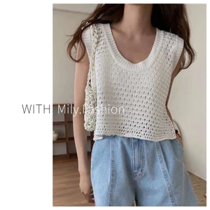 Milyfashion Rỗng Áo Vest Ngắn Mùa Hè Phong Cách Mới Mỏng Rỗng Đan Không Tay Vải Mỏng