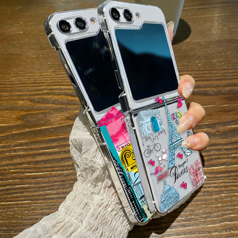 Retro Nhãn Họa Tiết Trong Suốt Vỏ Điện Thoại Cho Samsung Galaxy Z Flip 6 Flip 5 Flip 4 Flip 3 5G Cứng PC Gấp Dành Cho Samsung Z Flip 6 5 4 3