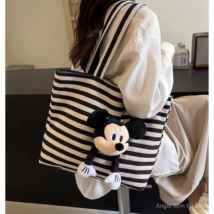 Túi Tote sọc dung tích lớn Túi 2024 nữ túi Tote Mickey hoạt hình dễ thương thời trang mẫu mới Túi Vải Bố đựng sách/Túi tote sọc lớn cho phụ nữ, phiên bản mới nă – 4