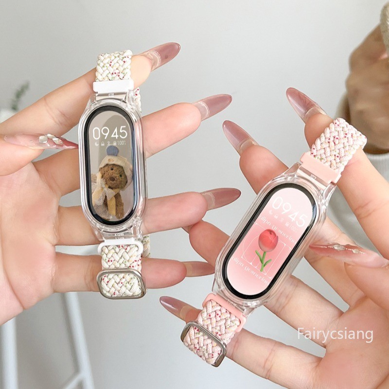 Dây đeo bện + Vỏ trong suốt cho Xiao Mi Mi Band 10 8 9 7 5 6 4 3 Vòng đeo tay Correa Vòng đeo tay cho Miband 10Ceramic Edition