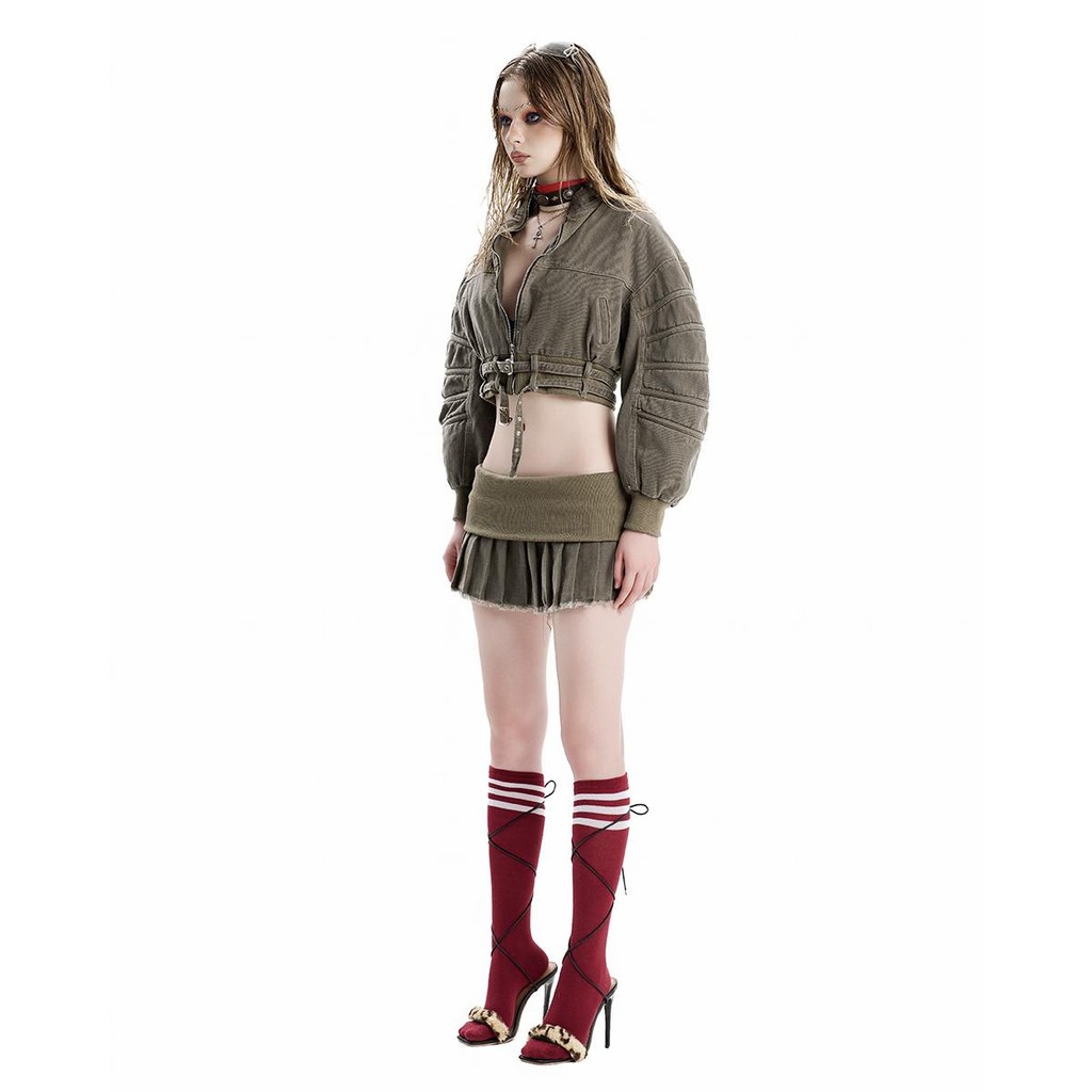 Ảnh SG.S Cropped Bomber Khaki Jacket -  Áo khoác dài tay croptop  có dây kéo và bo chun phần thắt eo 1
