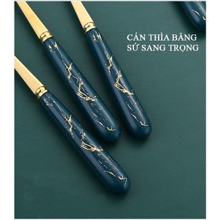 Set 6 thìa inox mạ vàng cán sứ xanh ngọc vân đá kèm hộp sang trọng cao cấp loại 1 #A87