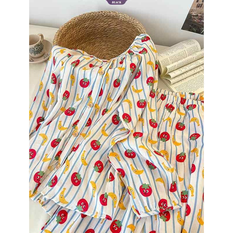 Bộ đồ ngủ chuối cà chua sọc nữ xuân thu mới cổ tròn dài tay Ins sinh viên Nhật Bản Bộ đồ quần áo tại nhà [BL]