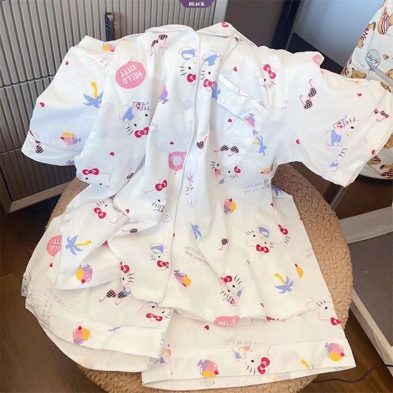 Bộ Đồ Ngủ Pop-up Nữ Mùa Hè Tay Ngắn Mỏng Phần Dễ Thương SpongeBob SquarePants Hello Kitty Hoạt Hình Mặc Ở Nhà [BL]