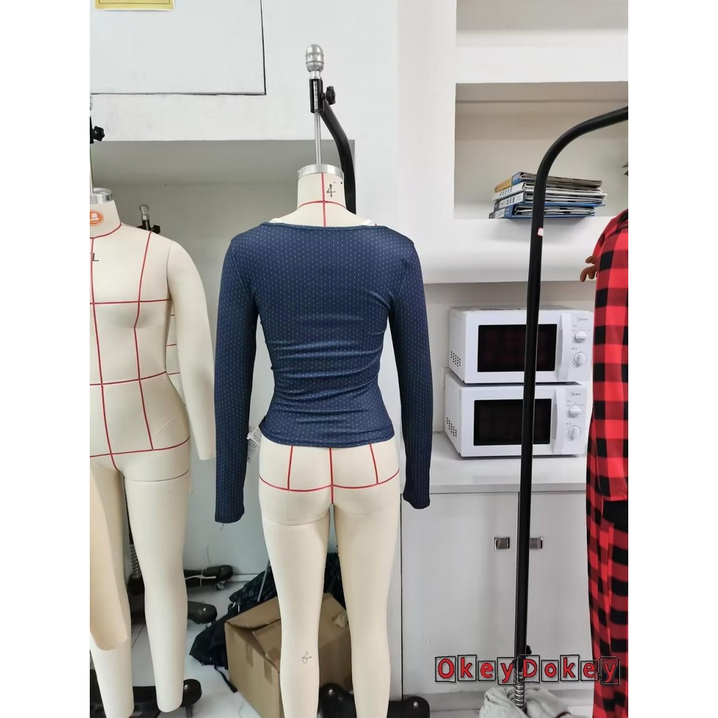 Okdk-áo thun giảm béo mùa xuân thu dành cho nữ dài tay cổ vuông chấm in nút lên áo thun