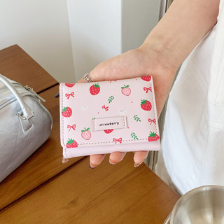Phụ Nữ Hoạt Hình Nơ Dâu In Ví Mini Ngắn Gấp Ba Hộp Đựng Thẻ Đa Năng Dung Tích Lớn Ví Đựng Tiền Mặt