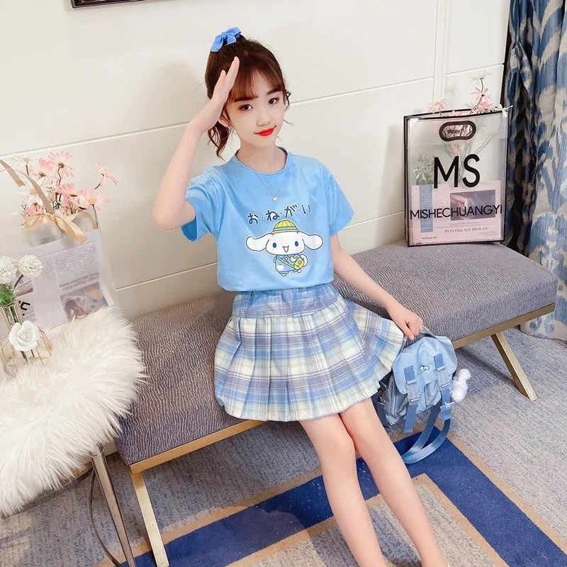 YT2 Bộ phong cách đi học mùa hè cho bé gái váy ngắn hoạt hình Bộ 2 món Cinnamoroll mymelody TY2