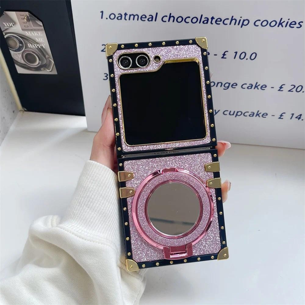 Mạ Bling Long Lanh Dễ Thương Nữ Tính Ốp lưng Gương Giá Đỡ Từ Tính Thích Hợp Cho Samsung Galaxy ZFlip 6 5 4 3 5G Ốp Lưng Bảo Vệ Vỏ Chống Sốc