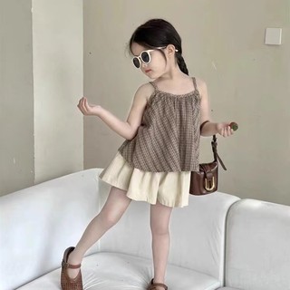 Bộ Đồ Bé Gái Hè - Áo Hai Dây Kẻ Caro Phối Tầng + Quần Váy Trẻ Trung