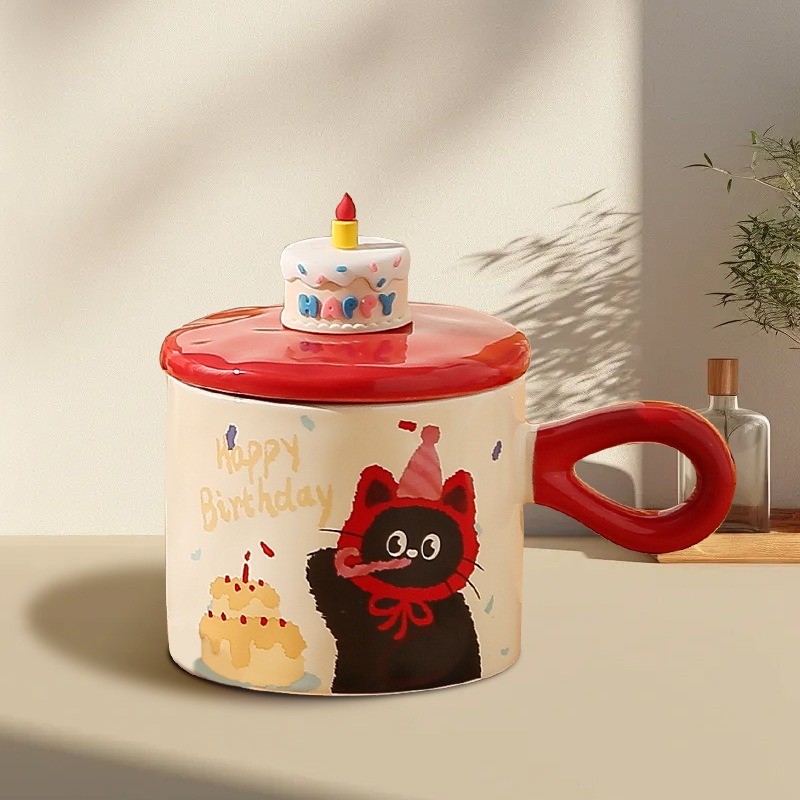 Cốc Sứ Sinh Nhật Nắp Bánh Kem Hình Mèo Cute – Ly Sứ Happy Birthday Tặng Sinh Nhật Độc Đáo Cho Bạn Bè, Người Yêu