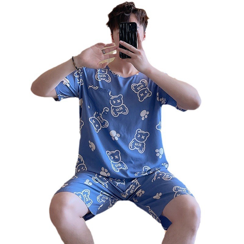 Bộ Đồ Ngủ Nam Ngắn Tay Mùa Hè, Vải Cotton Lụa Nhân Tạo, Phong Cách Loungewear Nhật Bản, Nhiều Kích Cỡ
