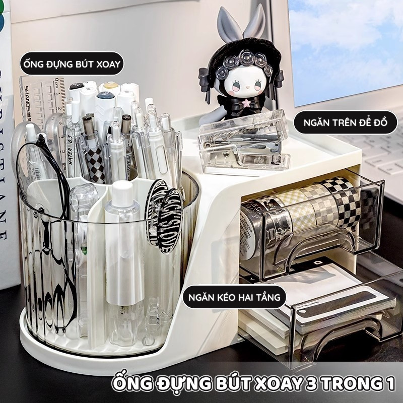 Lọ Đựng Đồ Trang Điểm Xoay 360 - Kệ Để Bàn Đa Năng Có Ngăn Kéo, Đựng Bút, Trang Sức, Giúp Bàn Làm Việc Gọn Gàng