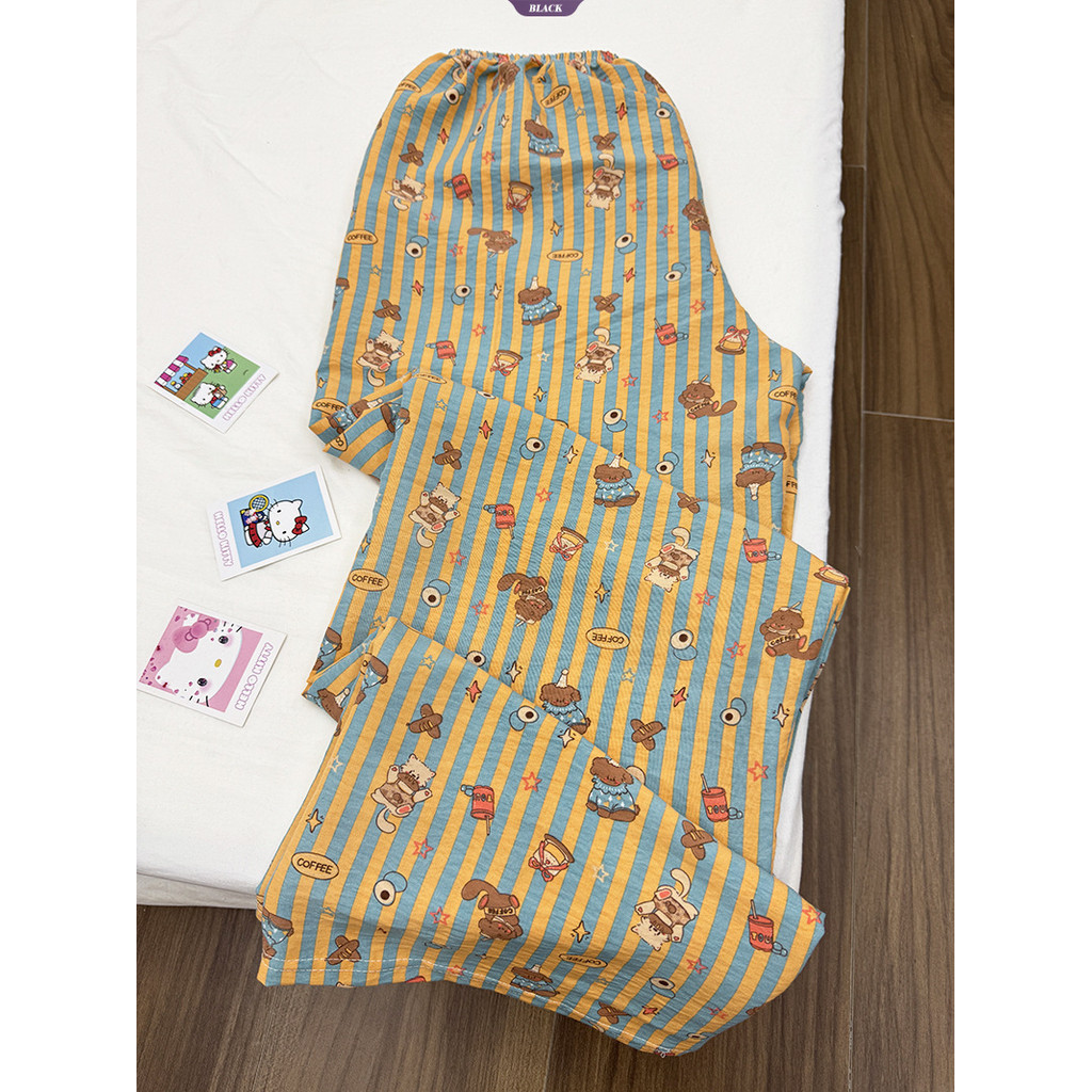 Quần Pyjama Ngắn Cà Phê Sọc Phong Cách Hàn Quốc Cho Nữ Mùa Hè 2025