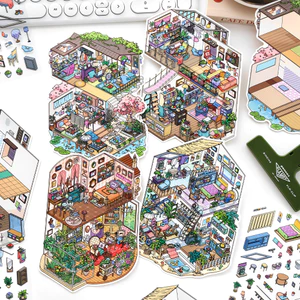 ENWEI 3 Cái [My Little House 11.0 Series] Nhãn dán phong cảnh 3D Chất liệu chống thấm nước Phong cách hoạt hình Album ảnh Nhật ký Công cụ lập kế hoạch Trang trí Nhãn dán văn phòng phẩm