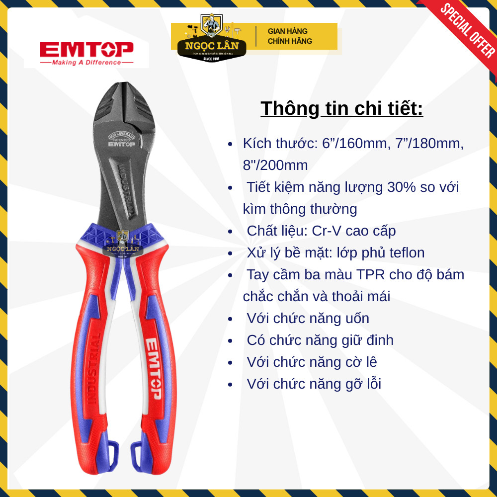 [Chính hãng] Kìm cắt EMTOP đầu nặng, trợ lực 30% thép CRV xử lý bề mặt phủ Teflon cao cấp