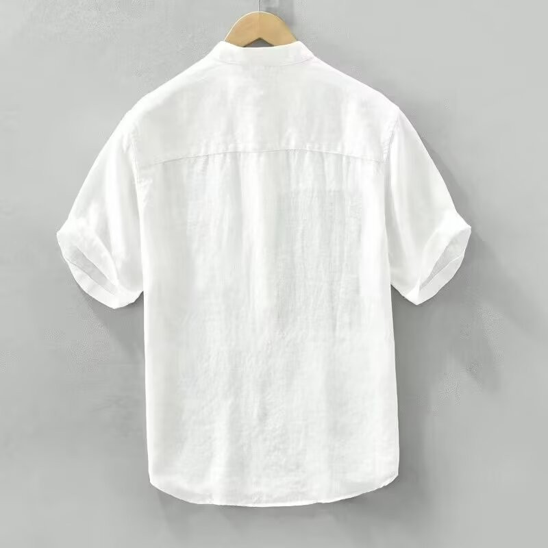 VG Áo sơ mi tay ngắn unisex phong cách Nhật Bản, chất liệu vải lanh thoáng mát, phù hợp mặc hàng ngày mùa hè