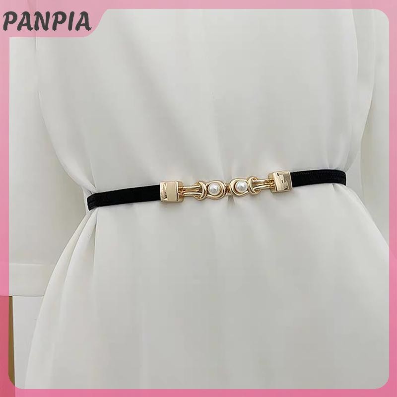 PANPIA-Đỏ Đôi Ngọc Trai Khóa Co Giãn Thắt Lưng Nữ Đen Mỏng Dây Đeo Nữ Váy Váy Trang Trí Dây Thắt Lưng