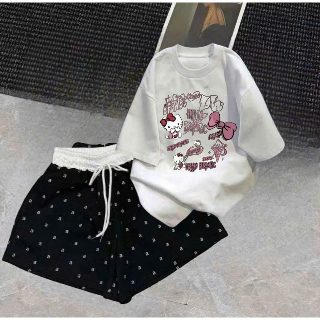 sét bộ quần ĐÙI cộc CHỮ A cạp chun màu trắng +mix áo phông -MÈO CUTE