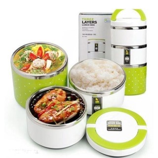 Hộp Đựng Cơm 3 Tầng Chấm Bi Giữ Nhiệt 3 Ngăn Tiện Lợi, Camen giu nhiet ngan, Cap long,