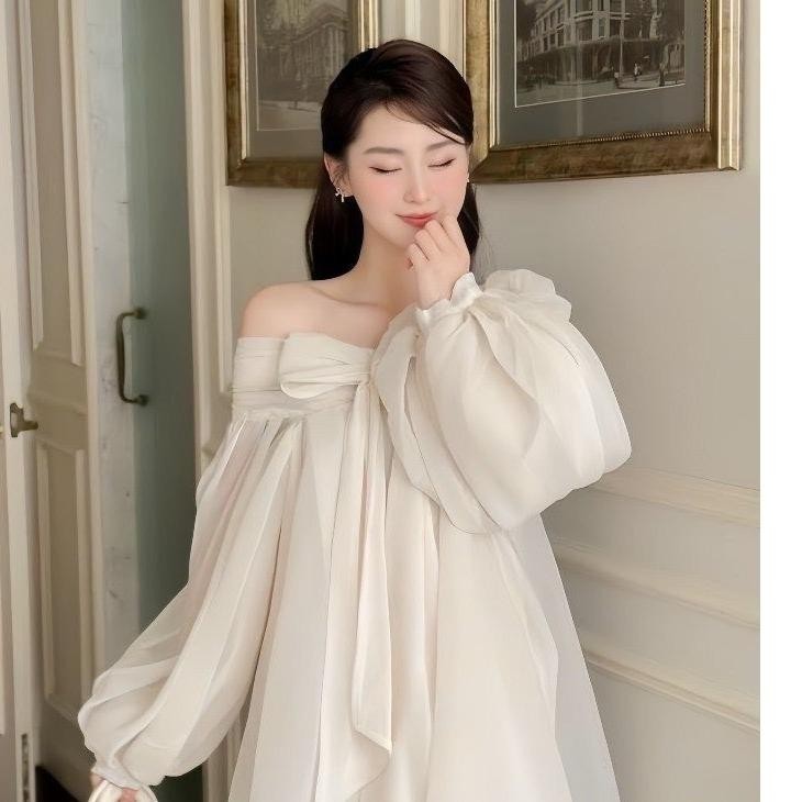 Đầm thiết kế trễ vai nơ bản to chất tơ tay phồng tiểu thư A5687
