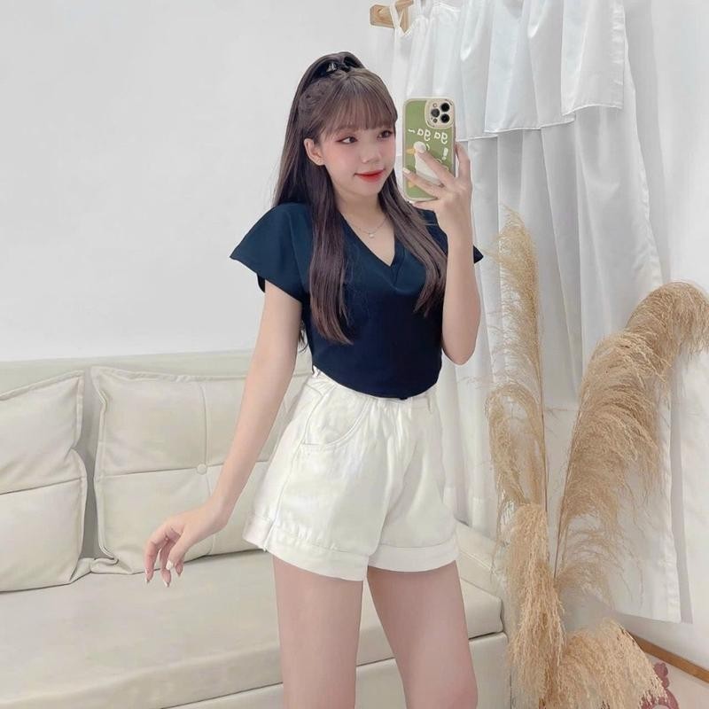 Áo croptop tay ngắn cổ V  kiểu vạt bầu xinh xắn A5804 BD store Sơ Mi Nữ