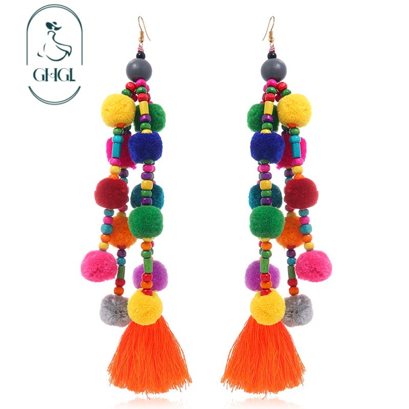 [Ghgl] Hàng có sẵn hs Retro Phong cách dân tộc Màu sắc tương phản Bông tai Pompom Phóng đại độc đáo Kỳ nghỉ Bohemian Tua dài Bông tai sang trọng dành cho nữ