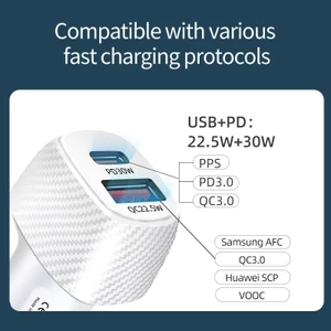 Bộ sạc điện thoại ô tô 52,5W 2 cổng USB A và PD Type C công nghệ sạc QC3.0, PD3.0, Vooc, PPS