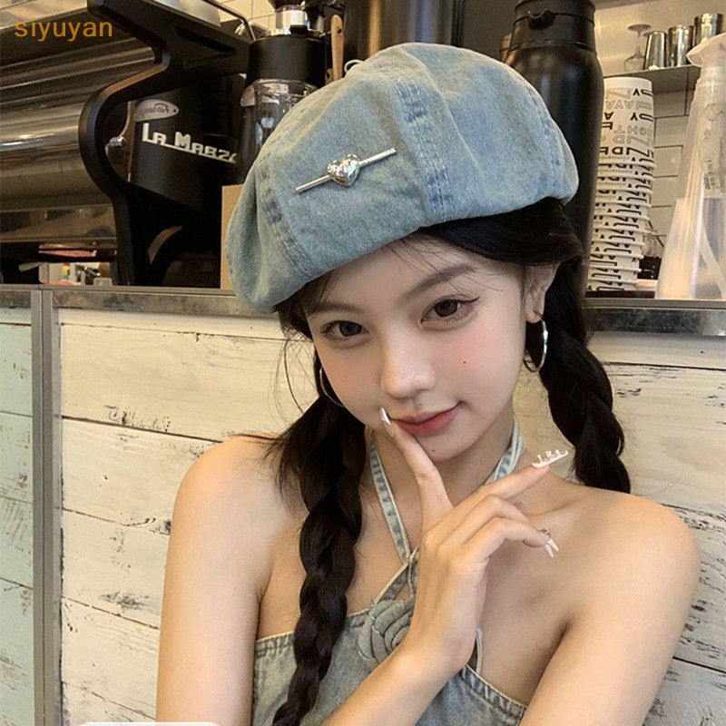 Siyuyan 1 Bông Tai Kẹp Retro Denim Mũ Cho Nữ Xuân Hè Du Lịch Đa Năng Thời Trang Tình Yêu Pin Ngọt Ngào Họa Sĩ Mũ VN
