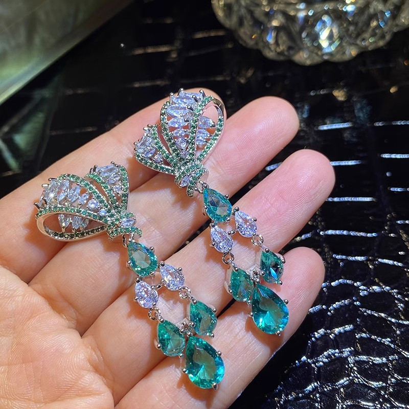 Bông tai thả nước nơ kim cương xanh Tính khí Thanh lịch sang trọng Bạc kim Zircon Bông tai