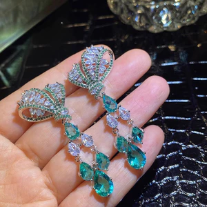 Bông tai thả nước nơ kim cương xanh Tính khí Thanh lịch sang trọng Bạc kim Zircon Bông tai