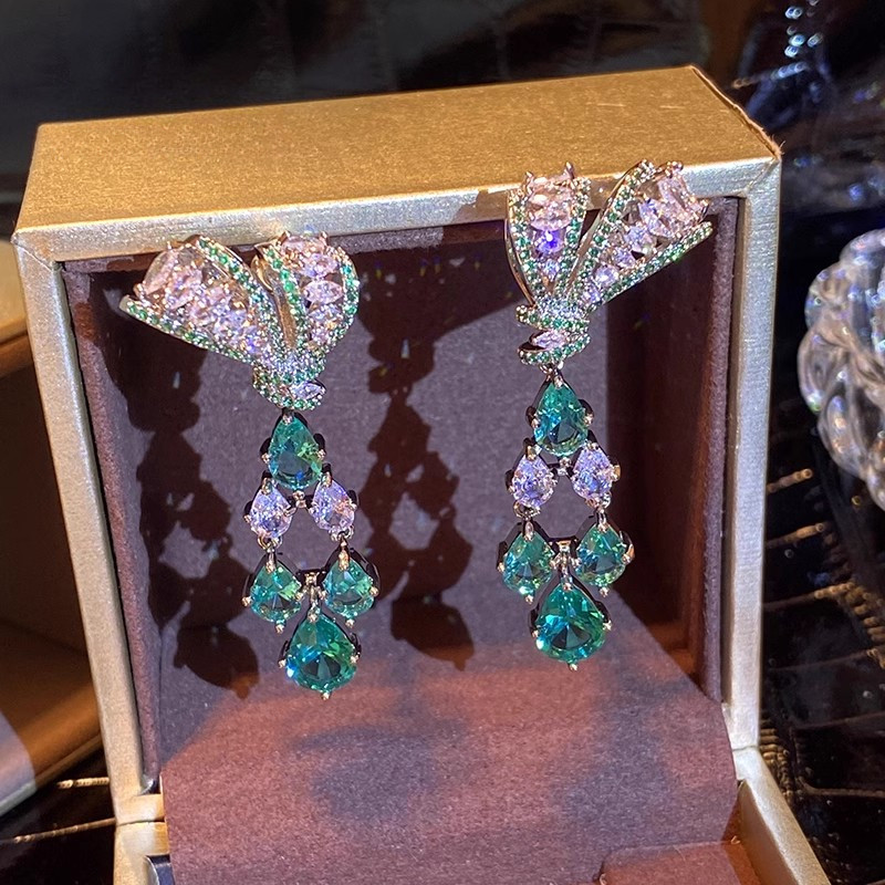 Bông tai thả nước nơ kim cương xanh Tính khí Thanh lịch sang trọng Bạc kim Zircon Bông tai