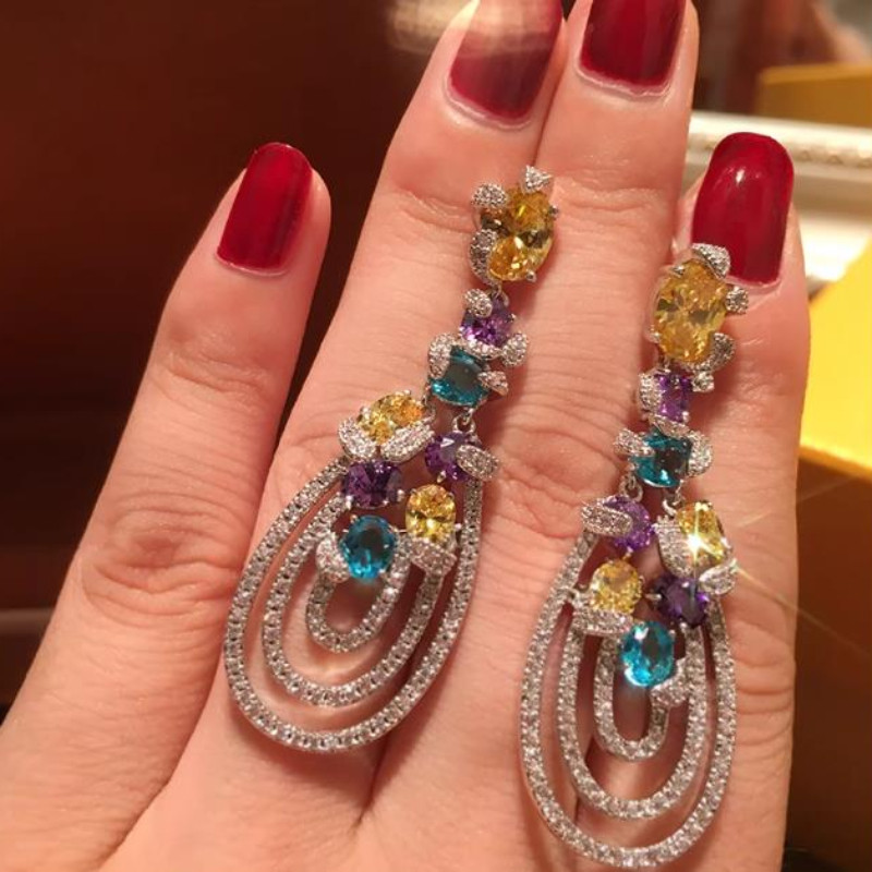 T Sang Trọng Nhiều Màu Sắc Zircon Tua Rua Bông Tai Giọt Nước Dài S925 Kim Bạc Sản Phẩm Mới Nhẹ Bông Tai Thời Trang Sang Trọng