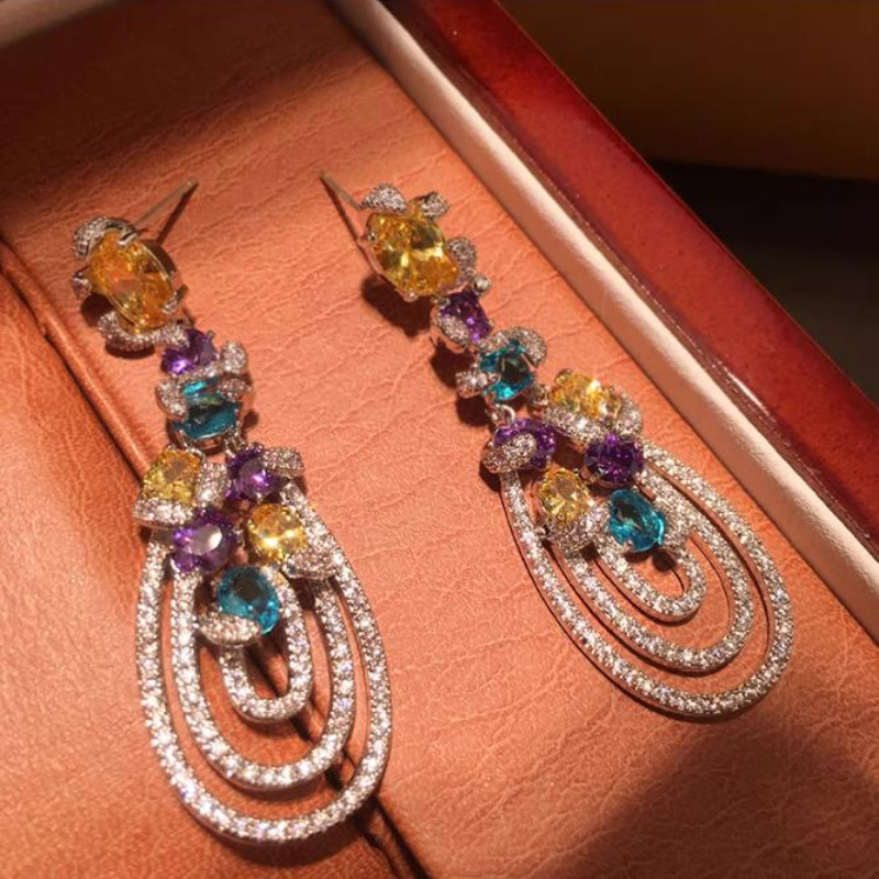 T Sang Trọng Nhiều Màu Sắc Zircon Tua Rua Bông Tai Giọt Nước Dài S925 Kim Bạc Sản Phẩm Mới Nhẹ Bông Tai Thời Trang Sang Trọng