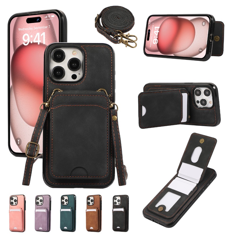 Ví Lật Da PU Ốp Lưng Điện Thoại IPhone 16 15 14 11 Pro Max 13 12 MIni X XS XR 7 8 Plus Vỏ Đựng Khe Cắm Thẻ Đeo Ngang