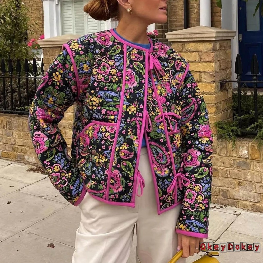 Okdk-nữ Paisley In Quilted Tie Áo Khoác Trước Mùa Đông Thanh Lịch Dài Tay Buộc Hoa Ấm Áp Áo Khoác Thường Ngày