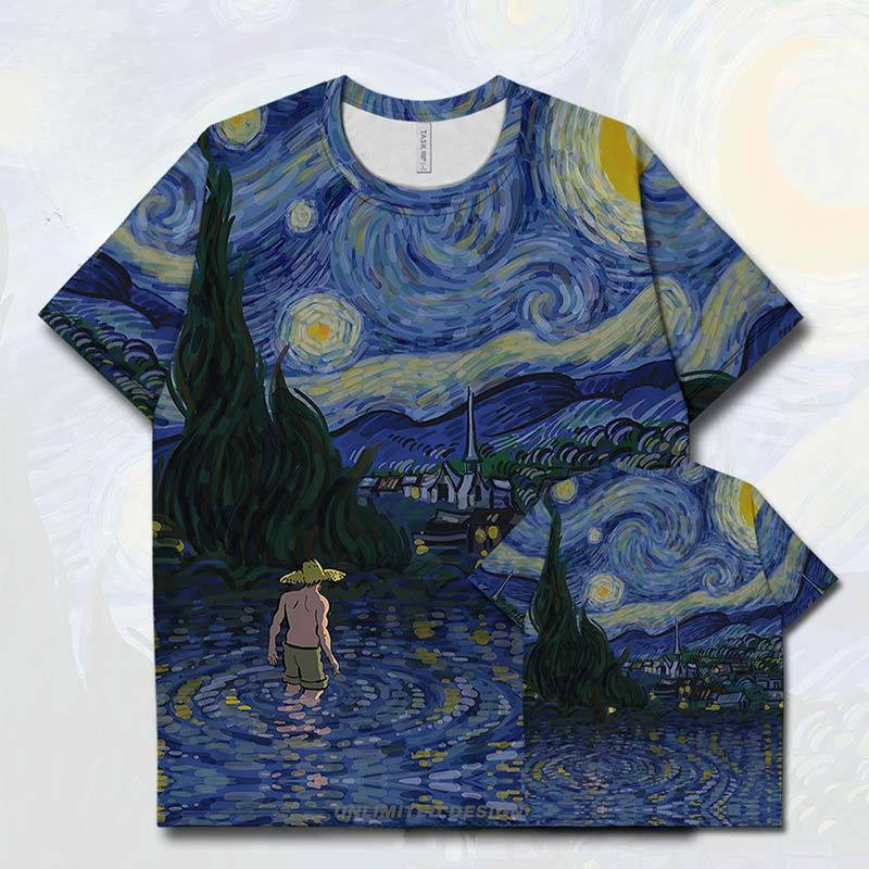 Retro Van Gogh bầu trời đầy sao đêm đầy sao phi hành gia cộng với kích thước nhanh khô Áo Thun 2024 Mùa Hè-mới