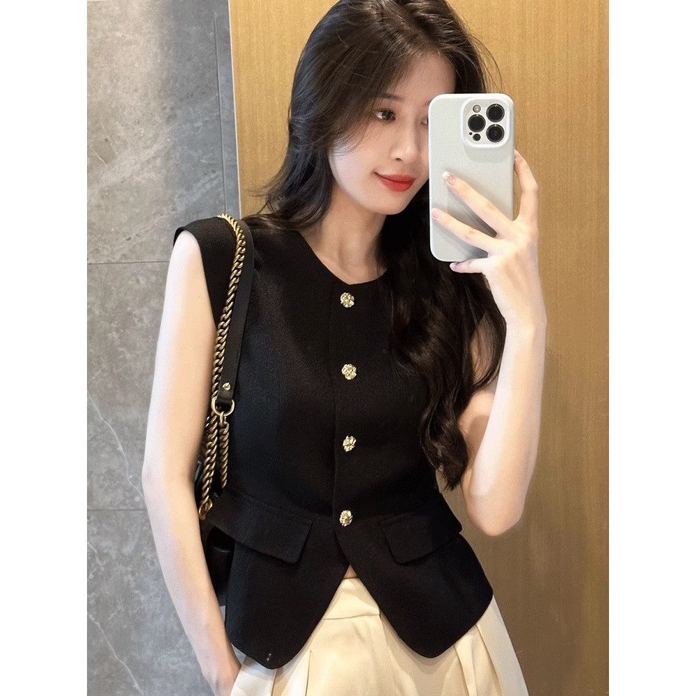 Suxi Đơn Giản Màu Trơn Pháp Retro Thu Đông Mới Áo Vest Nữ Không Tay Ngắn 240921