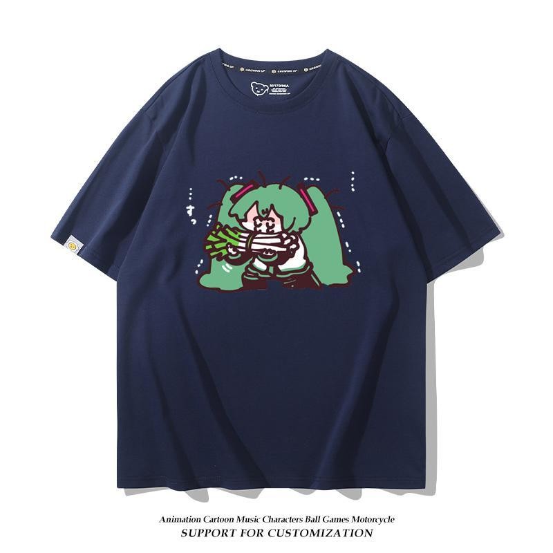 [Giao hàng trong ngày] Áo thun cỡ lớn Cotton Phiên bản Q Hatsune Miku Mùa hè nam nữ dáng rộng in hình cổ tròn dễ thương