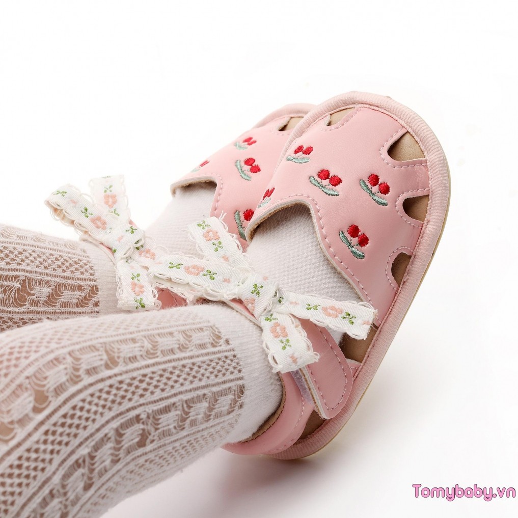 Xăng đan Bé Gái Da PU Linh Hoạt Chống Trơn Trượt Bowknot Cherry Mùa Hè Giày Thường Ngày